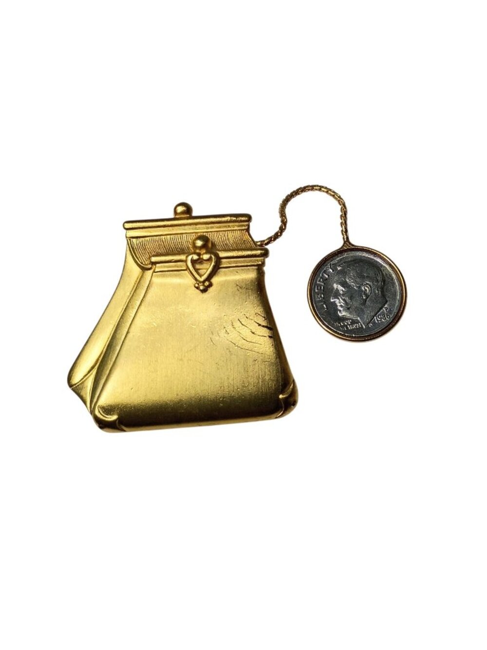 Vintage Tona Coin Purse Pin Back Brooch Hanging Dime Brushed Gold 1.75"
